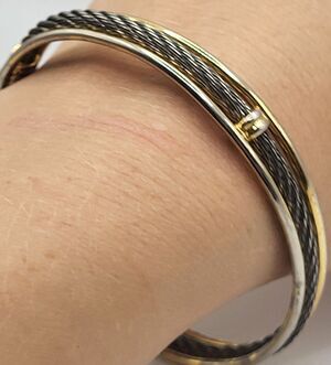 Thin Cable Bangle Bracelet Two Tone Silver Gold Steel Unisex Wire 2.5in dia